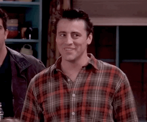 Friends gif. Matt LeBlanc as Joey looks to the side with a wide smile as he nods his head. 