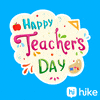 Text gif. The words "Happy Teacher's Day" appear in a white cloud against a sky blue background. The text is blue, pink and green, and surrounded by school items: A protractor, a paint palette, and an apple.