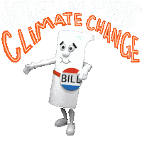 Digital art gif. Person in a life-size costume designed to look like a rolled-up piece of paper with a pin on it that says "Bill," wipes beads of sweat from their brow, fanning themselves. Text above the bill's head reads, "Vote to fight climate change."
