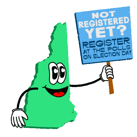 Illustrated gif. Bright green anthropomorphic state of New Hampshire smilingly holds a picket sign that reads, "Not registered yet? Register at the polls on Election Day."