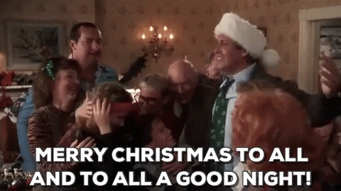 Movie gif. Chevy Chase as Clark in National Lampoon's Christmas Vacation gathers with family members, and exclaims, "merry Christmas to all and to all a good night."