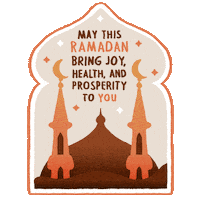 Sticker gif. Message circling a colorful mosque shining lights into the night sky like a Ferris wheel, four-pointed stars twinkling all around. Text, 'May your days be generous and healthy.'