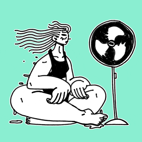 Digital art gif. Black and white cartoon of a long-haired woman sitting cross-legged in front of a fan to cool off. Her eyes are closed and her long hair blows from the fan, sweat dripping off her knees.