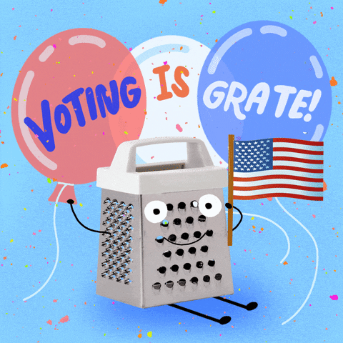 Digital art gif. Cartoon of a cheese grater with a smiling face hoisting an American flag and sitting in front of balloons that read, "Voting is grate!" (spelled G-R-A-T-E).