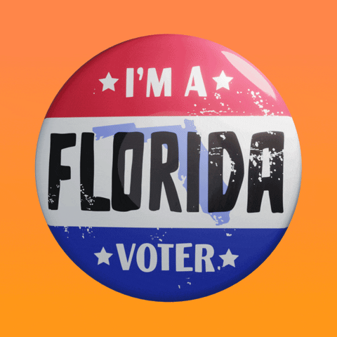 Digital art gif. Round red, white, and blue button featuring the shape of Florida spins over an orange background. Text, “I’m a Florida voter.”
