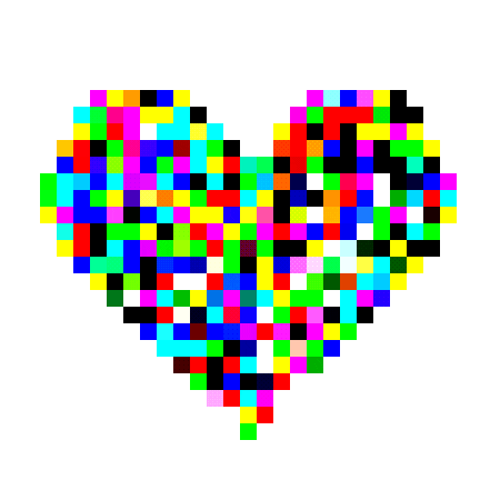 Digital art gif. A pixelated heart flashes as a rainbow of pixel colors shift around.