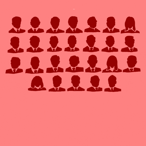 Text gif. 26 red silhouettes of men and women in business suits on a tinted background. Text, "There are," more information appears, "26 Republican members of the oversight committee including Chairman Comer." Then, various groups of the 26 are highlighted with additional sub-groupings, such as "3 refused a subpoena from the Jan 6 committee."