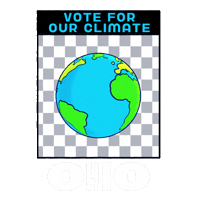 Digital art gif. Earth spins in front of a grey and white checkered background framed in an transparent box. Text, “Vote for the climate. Ohio.”