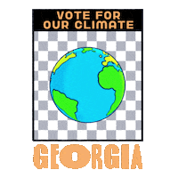 Digital art gif. Earth spins in front of a grey and white checkered background framed in a transparent box. Text, “Vote for the climate. Georgia.”