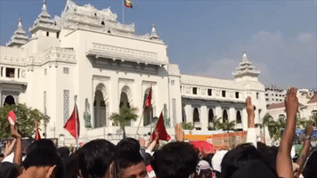 Protesters Gather Outside Yangon City Hall in Protest of Myanmar Military Takeover