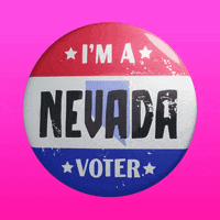 Digital art gif. Round red, white, and blue button featuring the shape of Nevada spins over a pink background. Text, “I’m a Nevada voter.”
