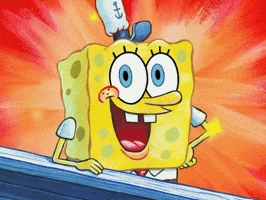 SpongeBob gif. SpongeBob rests a yellow arm on a railing and glances at us with an exaggerated smile. He winks his right eye in a flirty expression as yellow sparkles bounce around him on a glowing background. 