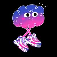 Illustrated gif. A colorful cloud runs happily in a pair of large sneakers, sweating.