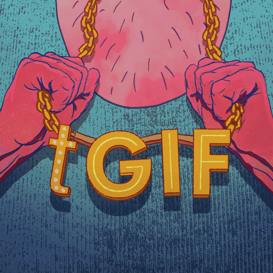 Text gif. Hands holding a gold chain that sparkles and reads, "TGIF."