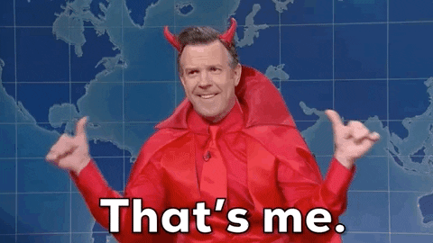SNL gif. Jason Sudeikis dressed as the devil on Weekend Update points two big thumbs to himself and says, “That’s me” with a smug smile and nod.