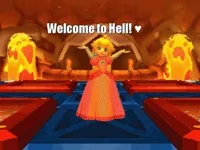 Video game gif. Princess Peach in Super Mario Bros. stands on a blue platform with her arms out and palms up. Flames and waterfalls of lava flank her on both sides in the background. Text, 