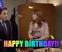 The Office gif. Steve Carell as Michael Scott wears a birthday hat and Ellie Kemper as Erin Hannon holds streamers in her hand. Both are dancing in a festive manner, celebrating someone's birthday in an awkward way. Text, 