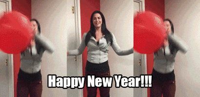 Reality TV gif. Triple split screen of a Mattie in Party Down South bouncing around with balloons and saying, "Happy New Year!"