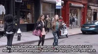 TV gif. Zosia Mamet as Shoshanna Shapiro and Jemima Kirke as Jessa Johansson from HBO series Girls walk along a bustling city street, with their purses dangling stylishly from their arms. Jemma says, 