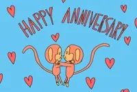 Text gif. Against a light blue background, two cartoon monkeys embrace, their tails coming together to form a heart. They are surrounded by pink cartoon hearts and text that says 