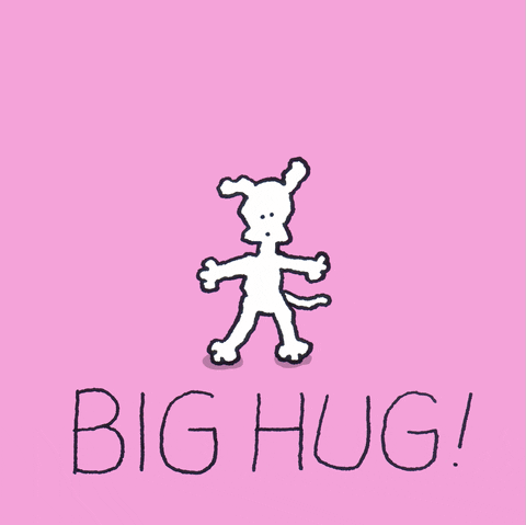 Cartoon gif. Chippy the Dog, arms wide, crosses his arms into a hug, howling "grrrr!" Text, "Big hug!"