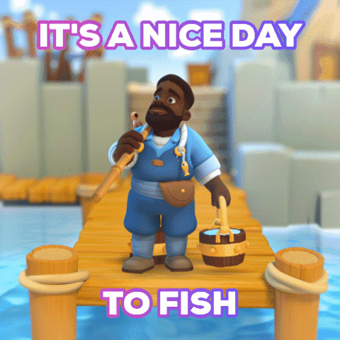 Cartoon gif. A fisherman sits down at the end of a dock and throws out his fishing line. Text, "It’s a nice day to fish.”