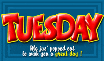 Illustrated gif. A panda pops out of red block lettering that says "Tuesday." Text, "We just popped out to wish you a great day!"