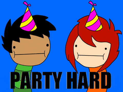Barevný blikající gif k svátku s chlapcem a dívkou s narozeninovými čepičkami a s nápisem "Party hard". 