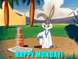 TV gif. Bugs Bunny from Looney Tunes emerges from his burrow in the morning to find his paper and grade-a carrot juice, fresh from the milkman. 
