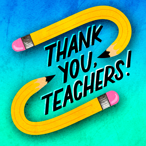 Digital art gif. The words, "Thank you, teachers," appear in front of us in black font, encircled by illustrations of two curved yellow pencils. Everything is against an ombre blue background.