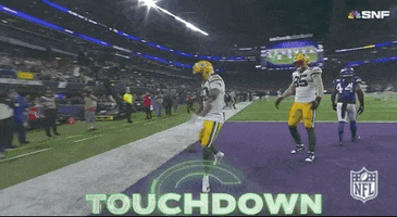 Sports gif. Bo Melton of the Green Bay Packers in the end zone, doing a quick step forward then saluting fans high up in the bleachers, oozing swagger. Text flashes across the screen that reads, "Touchdown."