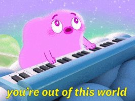 Cartoon gif. A personified pink blob sits at a keyboard before being whisked off into space as twinkling stars and bulbous clouds rise up in the background. Text, "You're out of this world." 