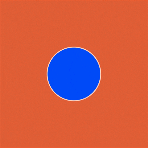 Digital art gif. The letters W and M sit inside a circle made up of blue circles that appear one after the other in a rotation. Inside the circles are different words: "Stamina," "Compassion," "Joy," "Care," and "Endurance." Everything is against a bright orange background.