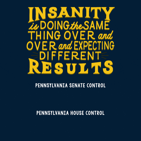 Text gif. Yellow text over a navy blue background reads, “Insanity is doing the same thing over and over and expecting different results." Below is the label “Pennsylvania Senate Control” above a series of red boxes with an elephant in every box, each box labeled with consecutive years from ‘95 to ‘22. Below that is the label “Pennsylvania House Control," and a series of boxes appear labeled with consecutive years from ‘95 to ‘22, all red with an accompanying elephant except the years ‘07 to ‘10, which are blue and feature a donkey.