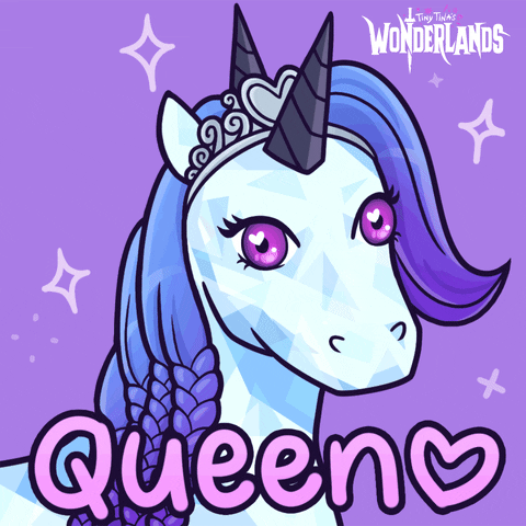 Kawaii gif. A unicorn with purple braids and a silver crown winks at us as hearts and diamonds dance around her. Text, "Queen."