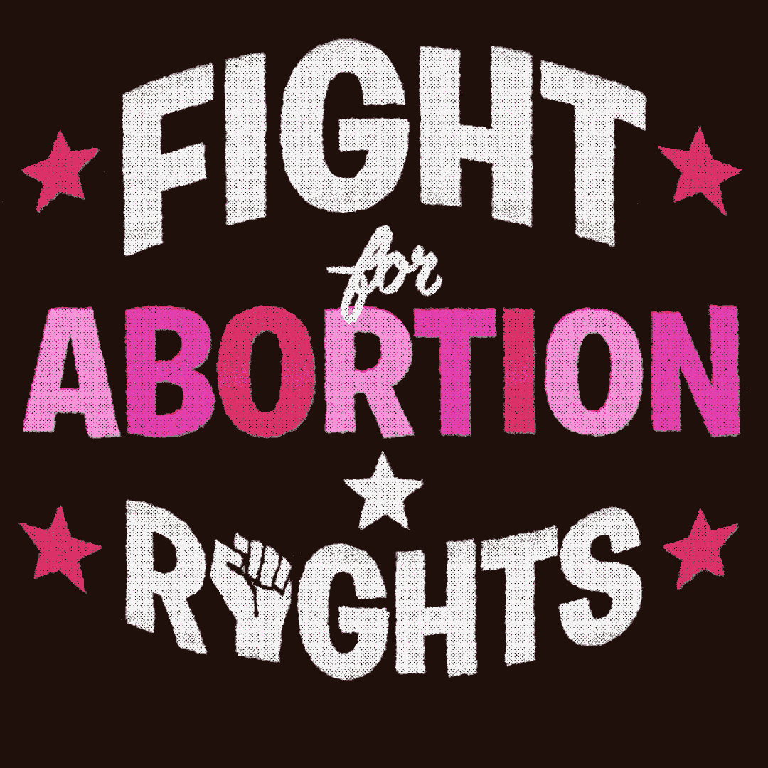 Text gif. Words stylized like a vintage boxing poster with five-pointed stars and a raised fist reads "Fight for abortion rights."