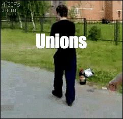 Meme gif. Two men walk along a sidewalk. The man walking in the back attempts to roundhouse kick the man in the front, but fails and falls painfully to the ground. The kicking man is labeled "Unions busters" and the walking man is labeled "Unions."