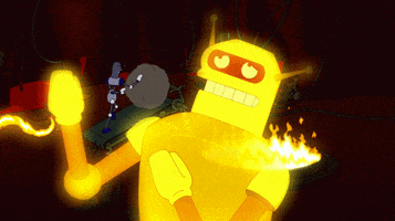 Cartoon gif. Calculon from Futurama Appears to be on fire, grimacing and glowing yellow and translucent, while a robot on an inclined treadmill continuously pushes while getting beat with a fiery whip.