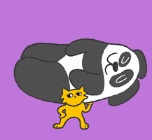 Illustrated gif. A small tabby cat power lifts a floppy panda with one arm. The cat looks unamused and unaffected, as they lift this panda ten times their size while the panda looks totally blissed out.
