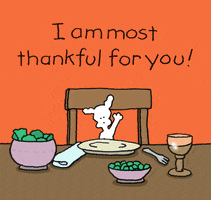 Cartoon gif. Chippy the dog sits at a large table set with food as it waves cheerfully. Text hangs on the orange background above him. Text, "I am most thankful for you."