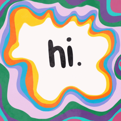 Text gif. Squiggly colorful lines dance and encircle the message, “Hi.”