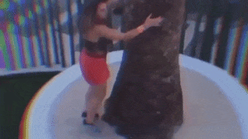 Video gif. A drunk woman attempts to climb a palm tree but fails, first sliding down slowly and then falling backward on her head. She recovers, sitting up and sticking the landing.