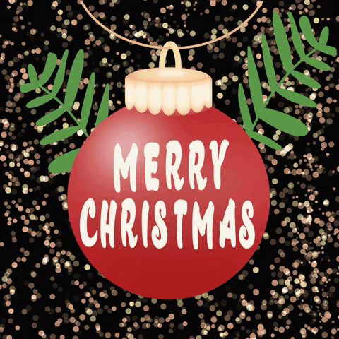 Text gif. On a red Christmas ornament reads the message, “Merry Christmas.”
