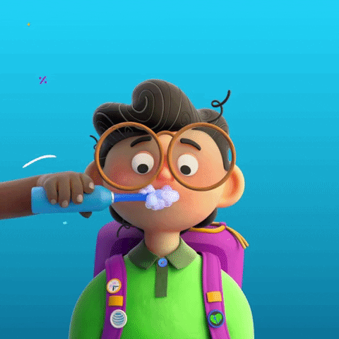 Cartoon gif. A young boy with big round glasses and a purple backpack stands still looking a bit overwhelmed as other people's hands reach in from all sides to brush his teeth and put school supplies into his backpack with that first day of school energy.