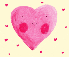 Digital art gif. Tiny, vibrant pink hearts surround a bigger, adorable pink heart with rosy cheeks and a smiley face. Signature reading, "Mia Page" is written at the bottom of the heart.