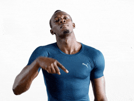 Celebrity gif. Usain Bolt, wearing a Puma shirt, looks bored, gesturing a "wrap it up" motion with his finger, shaking his head straight-faced.