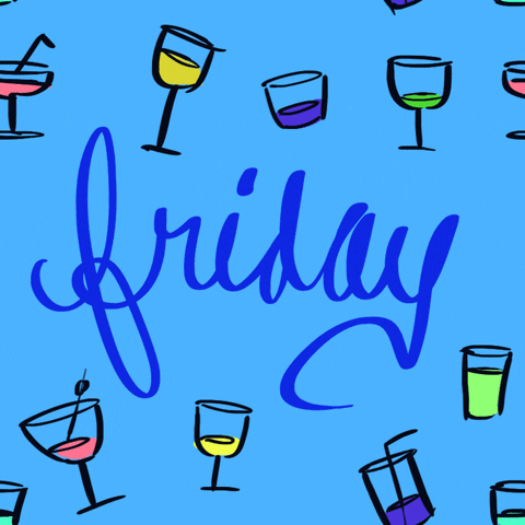 Text gif. Blue cursive text on a flashing background with drawings of cocktails, "Friday."