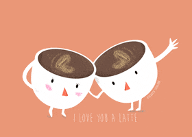 Illustrated gif. Two coffee mugs with faces hold hands. A heart floats from each of them combining into a larger heart. Text, “I love you a latte.”