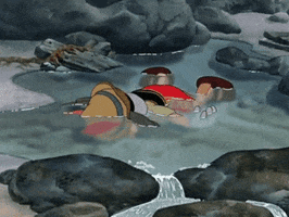 Disney gif. Cartoon Pinocchio lays face first in a shallow pool of water with his legs sprawled out like he’s dead. 