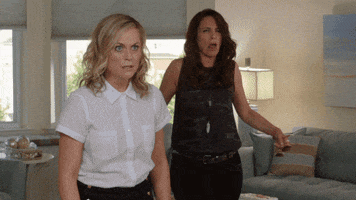 Movie gif. Amy Poehler as Maura in "Sisters" stands wide-eyed in disbelief with her hands out while Tina Fey as Kate, in the background, gestures at cutting her throat and blood spraying everywhere.
